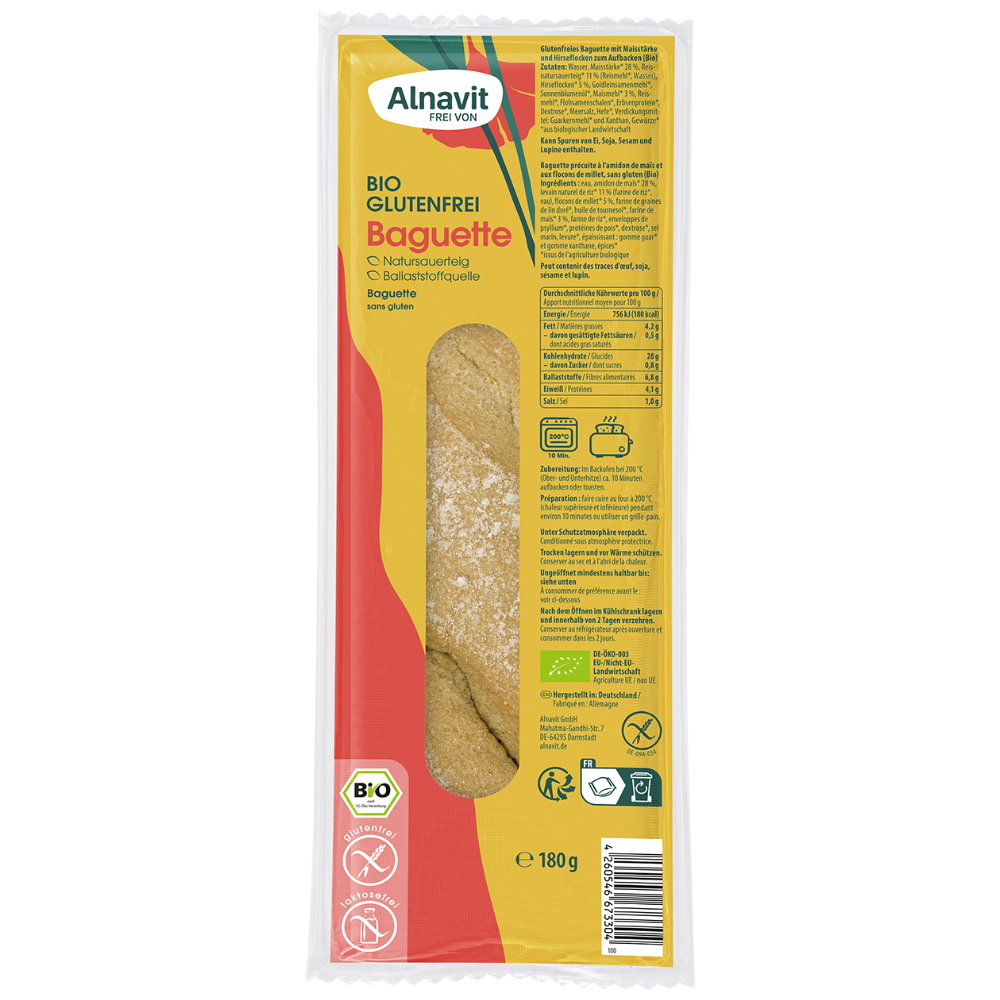 Alnavit Baguette Brot Gebäck glutenfrei weizenfrei BIO Zöliakie