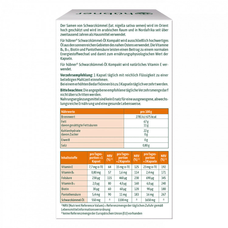 Hübner Schwarzkümmel Öl Kompakt Kapseln glutenfrei laktosefrei