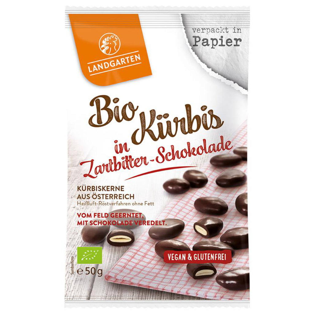 Landgarten Kürbiskerne in Zartbitter-Schokolade bio glutenfrei vegan