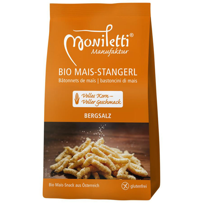 Moniletti Maisstangerl Bergsalz Snack glutenfrei weizenfrei Zöliakie