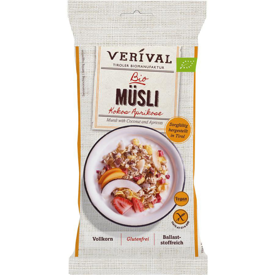 Verival Kokos Aprikos Marille Müsli Portionsbeutel glutenfrei Zöliakie