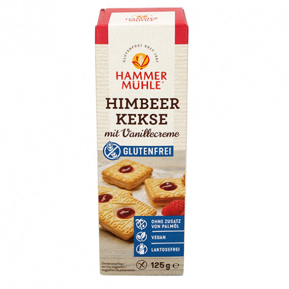 Hammermühle Himbeerkekse mit Vanillecreme glutenfrei weizenfrei vegan